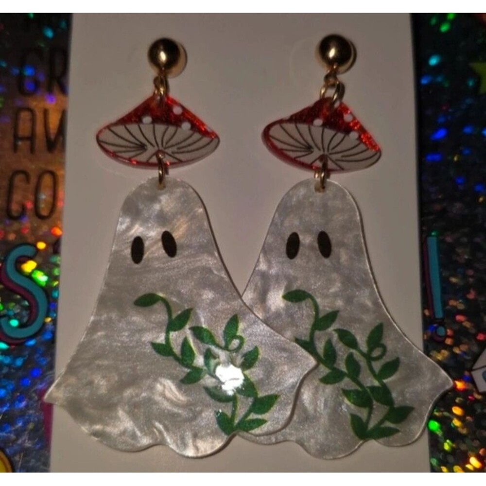 Mushroom ghost Halloween dangle earrings women's accessories